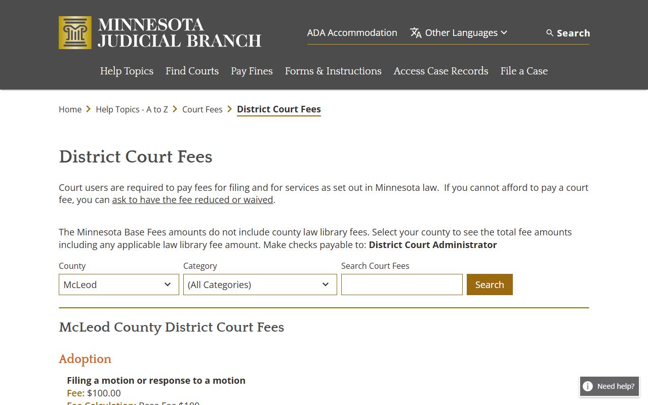 McLeod County Court Administrator fee schedule
