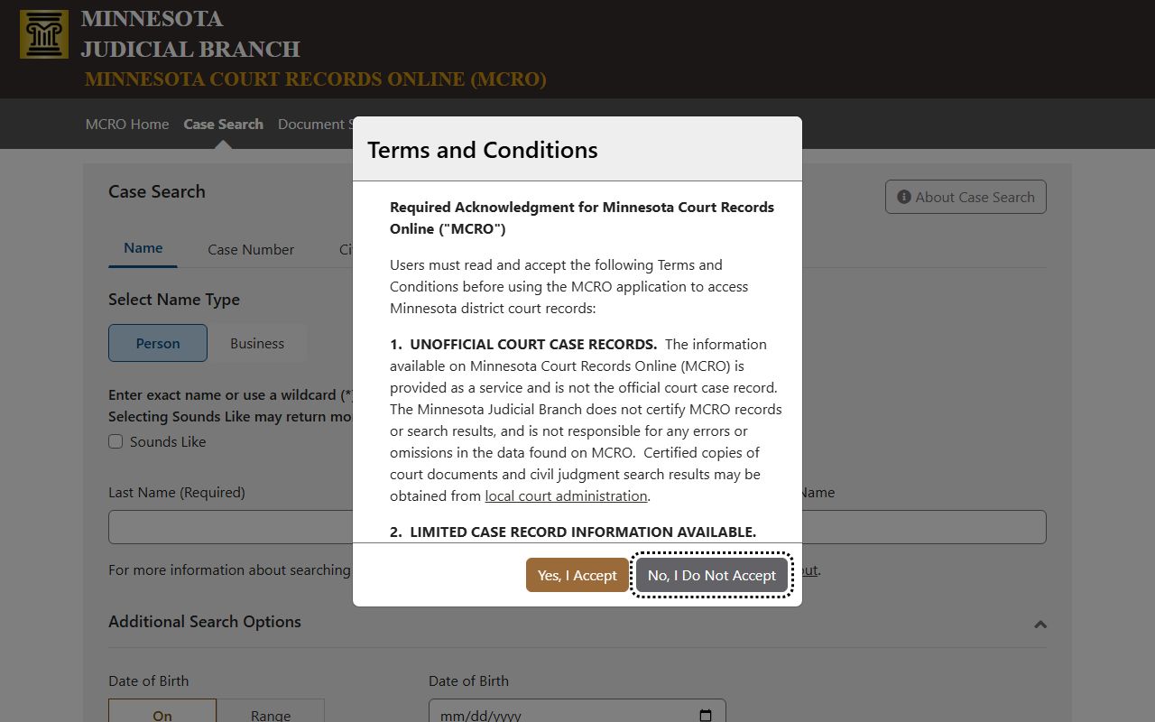 McLeod County court records MCRO Case Search fields