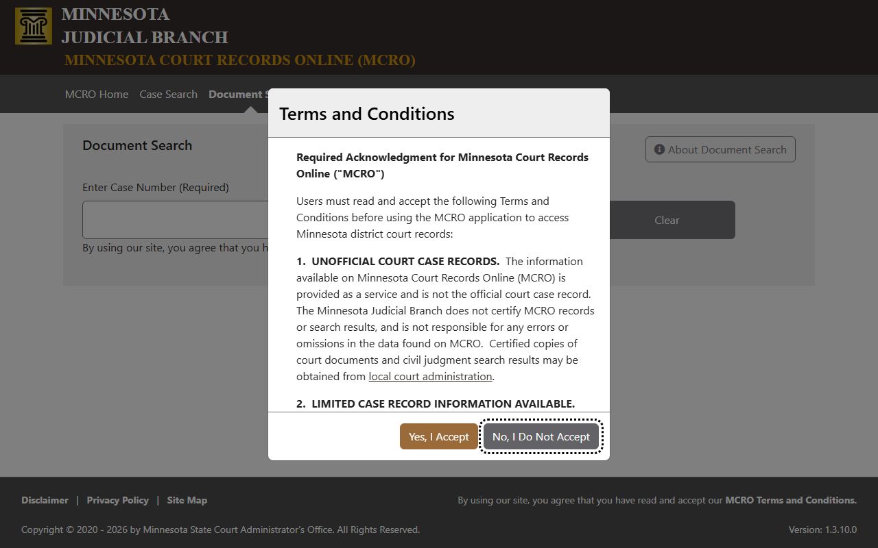 McLeod County court records MCRO Document Search screen