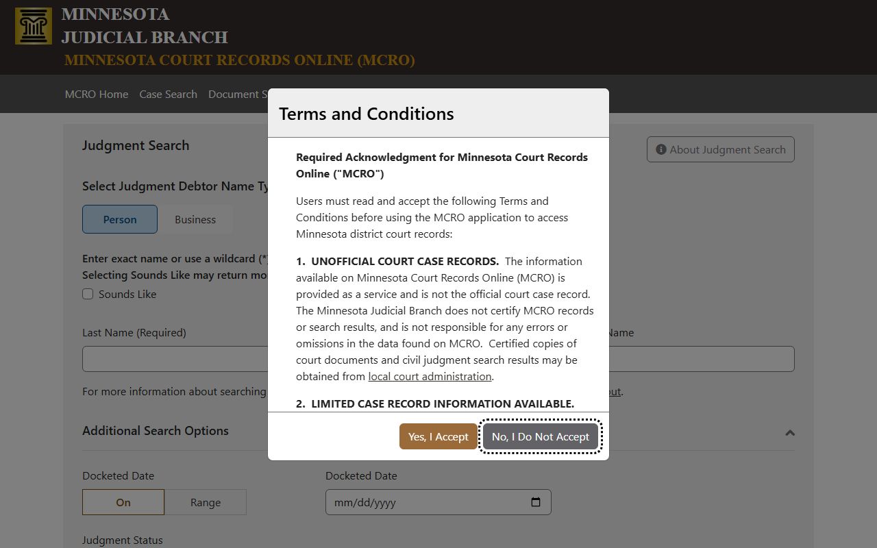 McLeod County court records MCRO Judgment Search screen