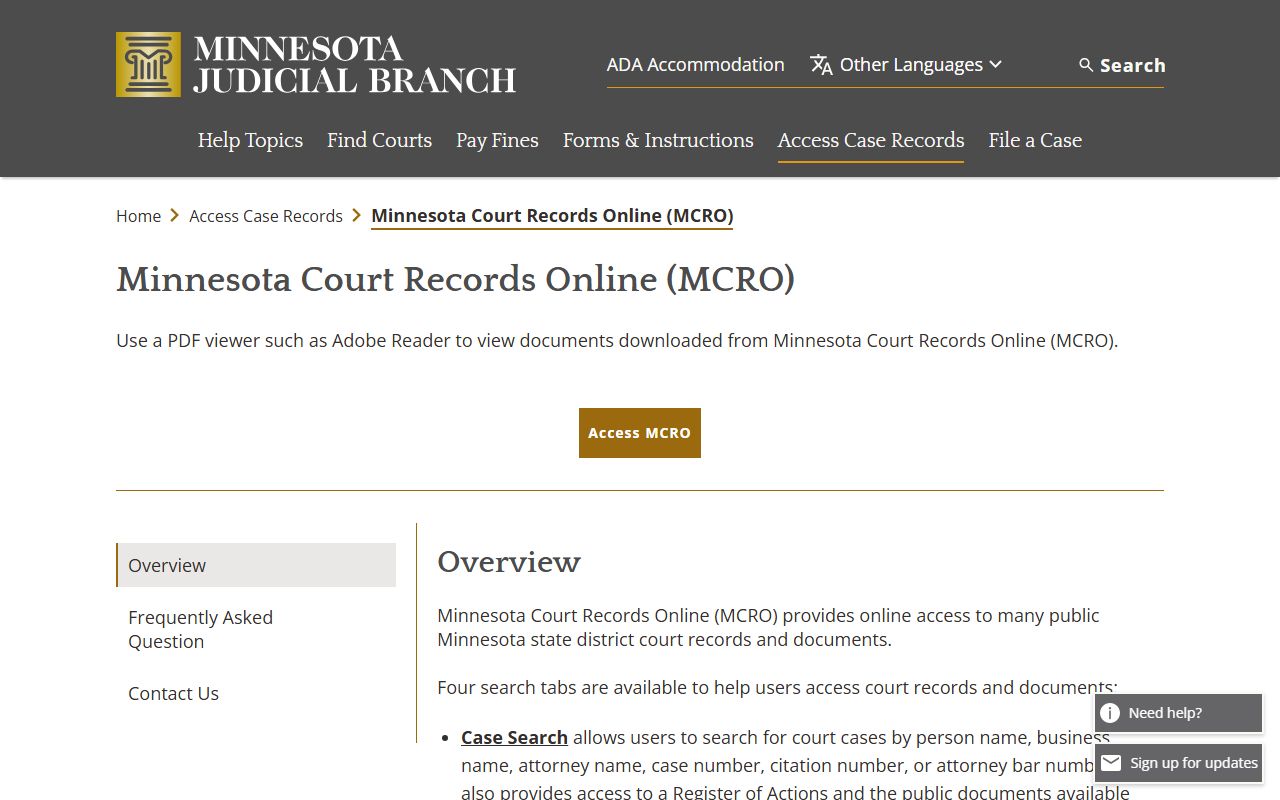 McLeod County court records MCRO overview page