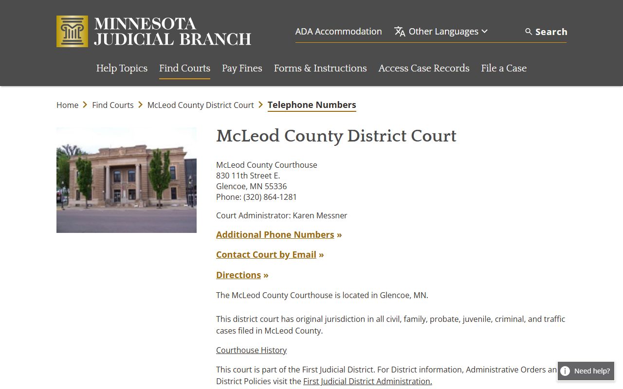 McLeod County court records Court Administration phone routing