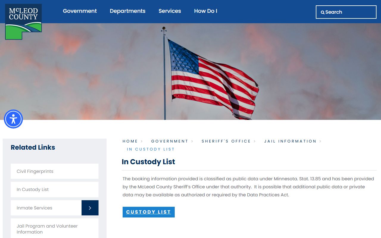 McLeod County inmate search in-custody list landing page