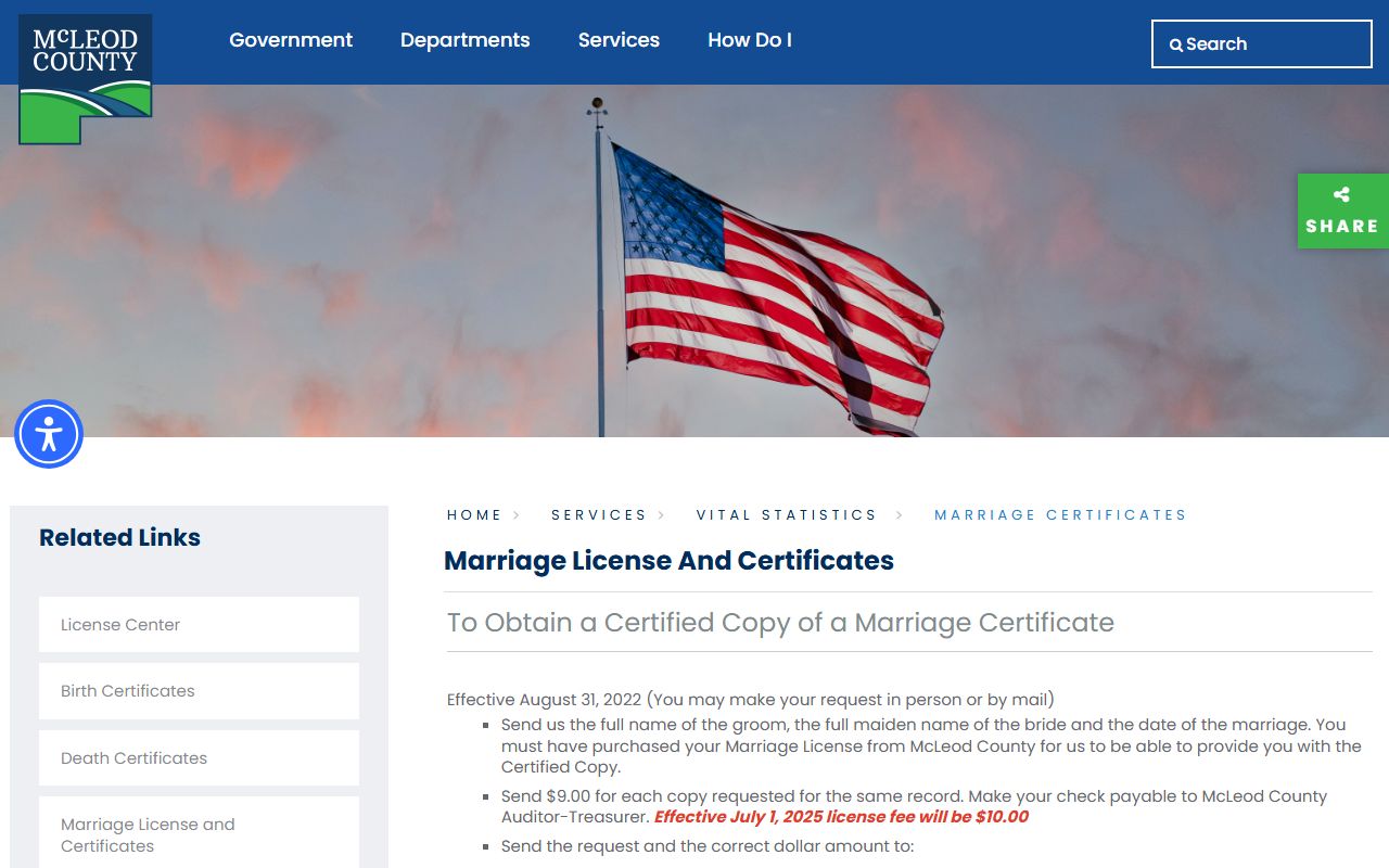 McLeod County marriage records certificate and license information