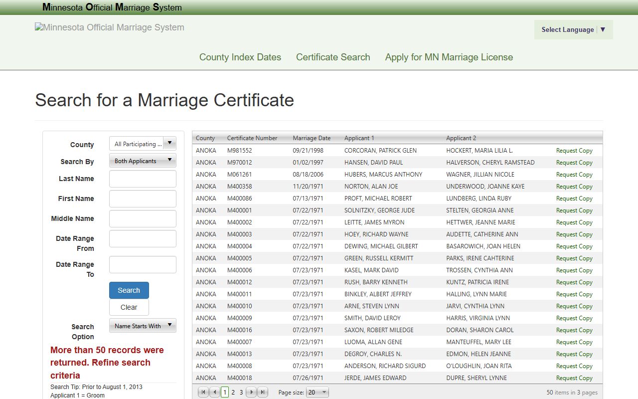 McLeod County marriage records MOMS search fields