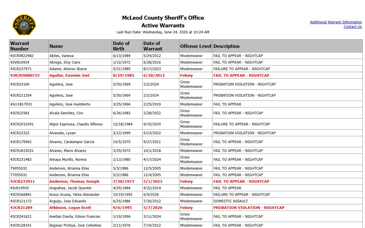 McLeod County warrant search active warrant list fields